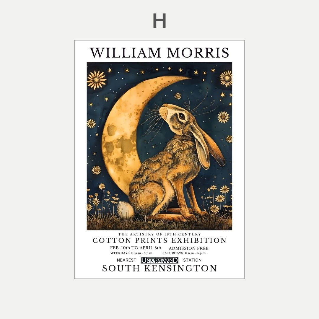 Poster featuring a hare and moon with 'William Morris' branding