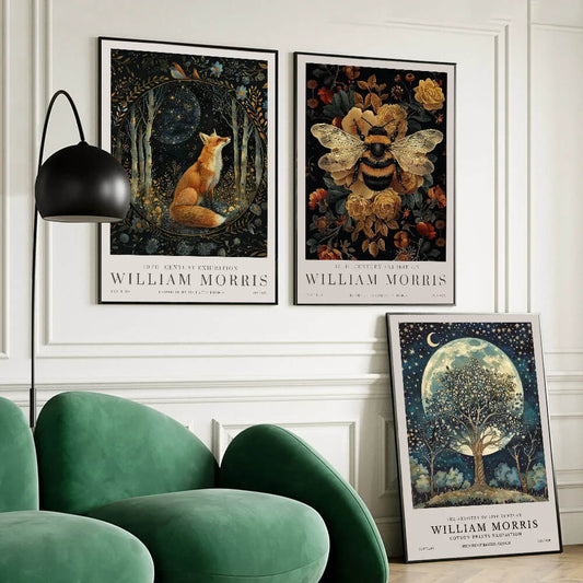 William Morris Wall Art Exhibition Peacock Fox Bumblebee Moon And Stars Pink Peonies Wall Art