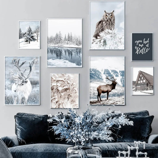 Winter Snow Deer Owl Forest River Wall Art
