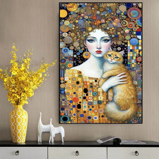 Woman And Cat Colorful Abstract Floral Canvas Print