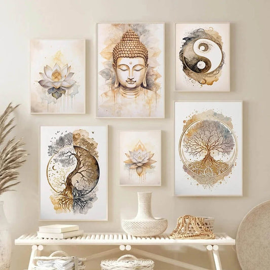 Nordic Tree of Life Buddha Lotus Minimalist Canvas Prints