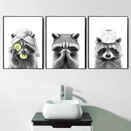 Funny Animals Cat Giraffe Elephant Toilet Paper Bathtub Black White Wall Art