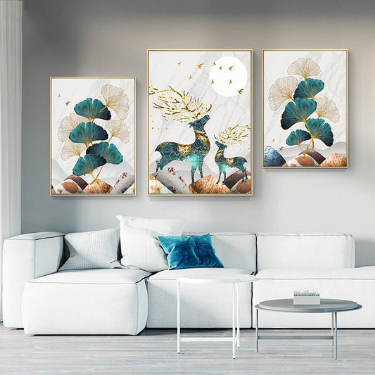 Magical Nordic Moonlight Deer Landscape Canvas Prints