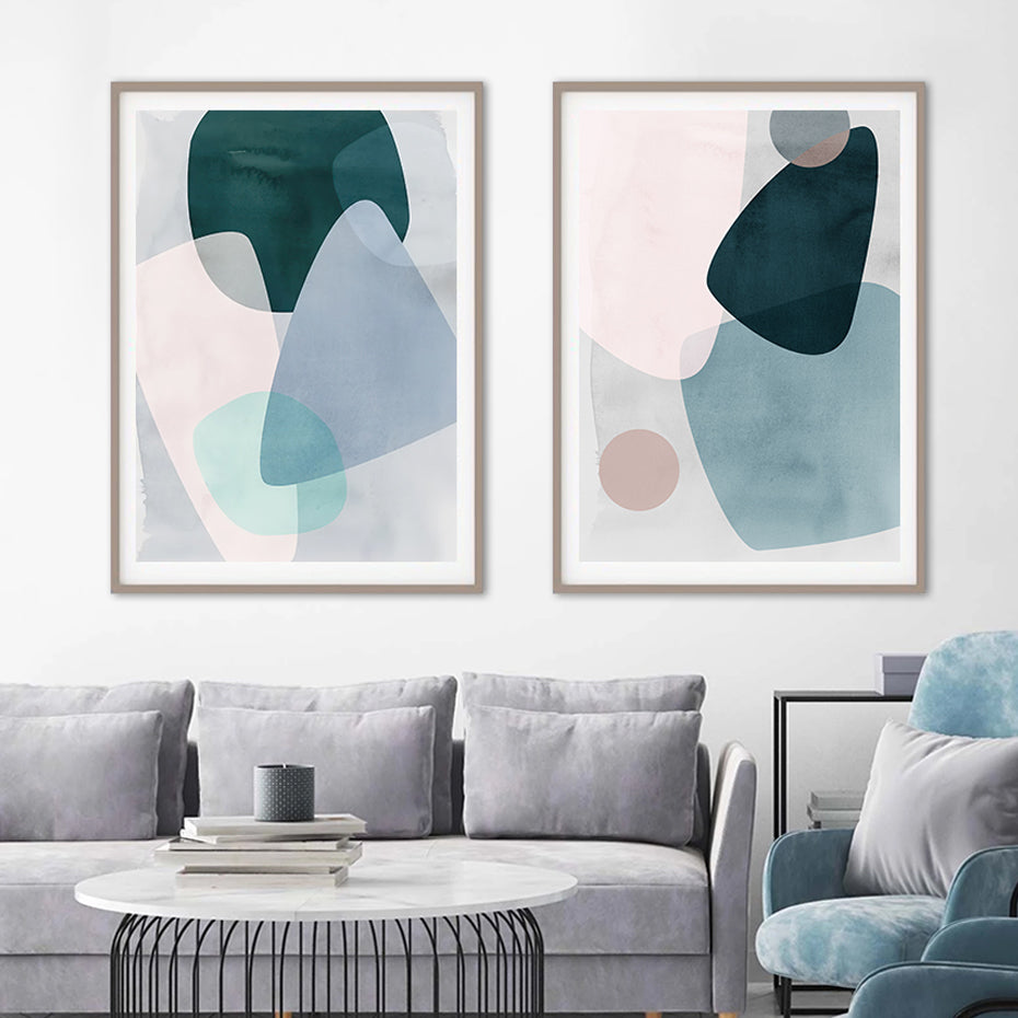 Pastel Geometric Curves Blue Gray Pink Wall Art
