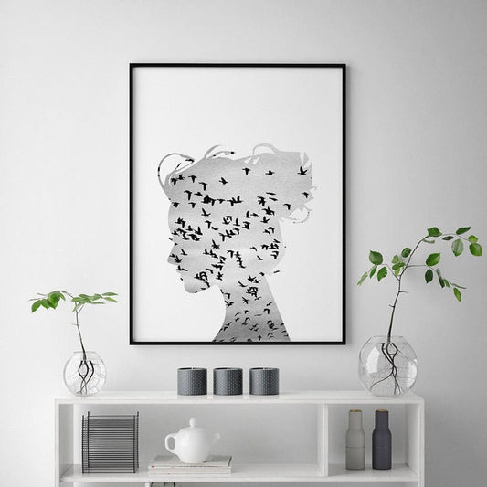 Black And White Birds Flying Silhouette Of Girl Canvas Print