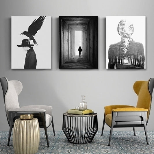 Abstract Black and White Crow Wall Art Canvas Prints