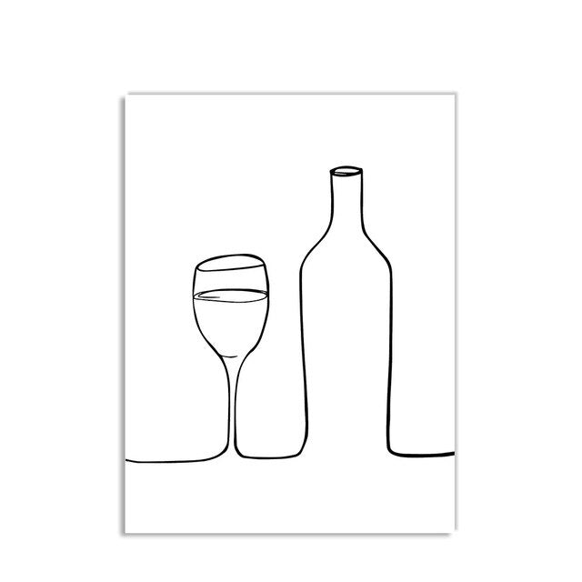A set of three minimalist canvas prints depicting line art of a wine glass, and a coffee cup, arranged on a wall.