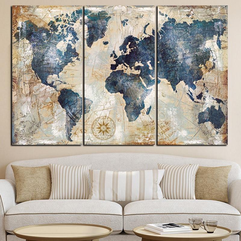 3 Panel Blue World Map Canvas Wall Art, triptych style vintage map, unframed rolled canvas for home office decor by JassLondon.