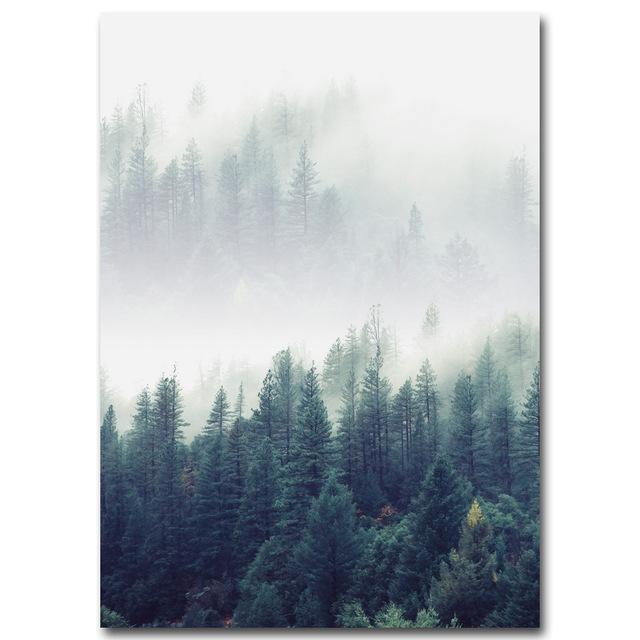 High-quality waterproof canvas featuring a misty Scandinavian pine forest, perfect for minimalist home decor by Jass London.
