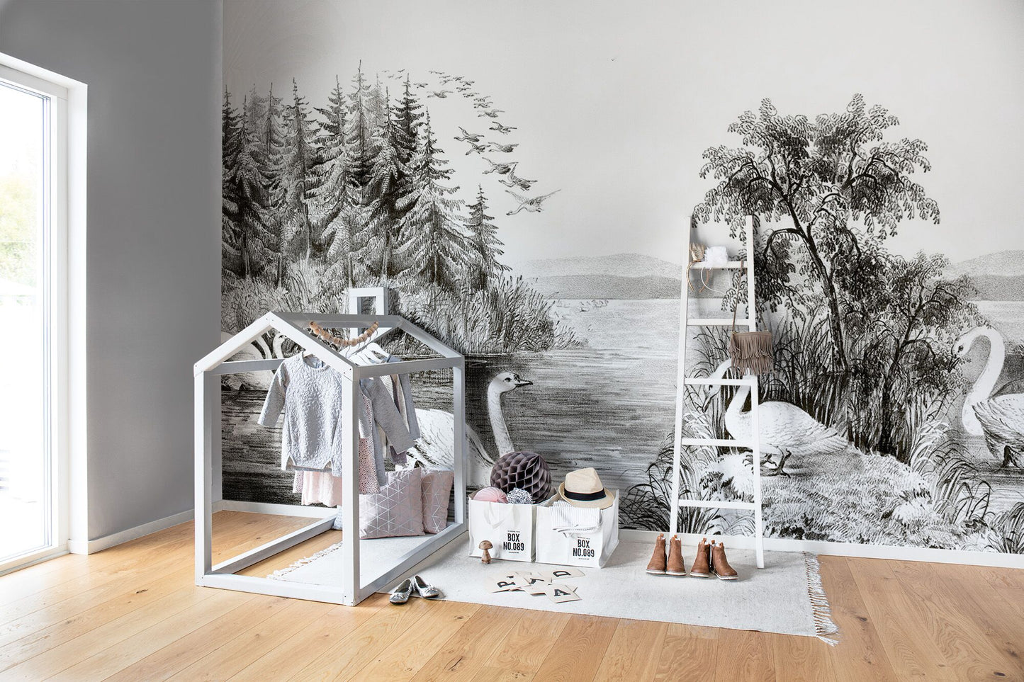 Swan Lake B&W Gravure Mural Wallpaper (SqM)