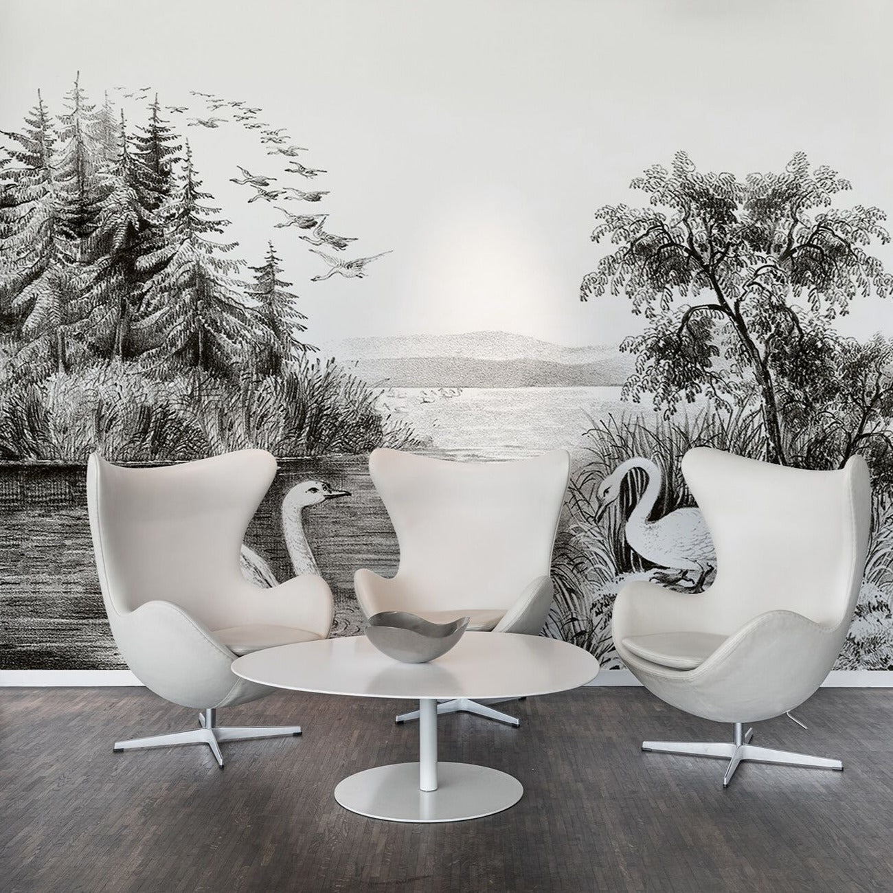 Swan Lake B&W Gravure Mural Wallpaper (SqM)