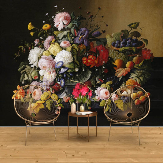 Flowers and Fruits Bouquet Dark Mural Wallpaper (SqM)