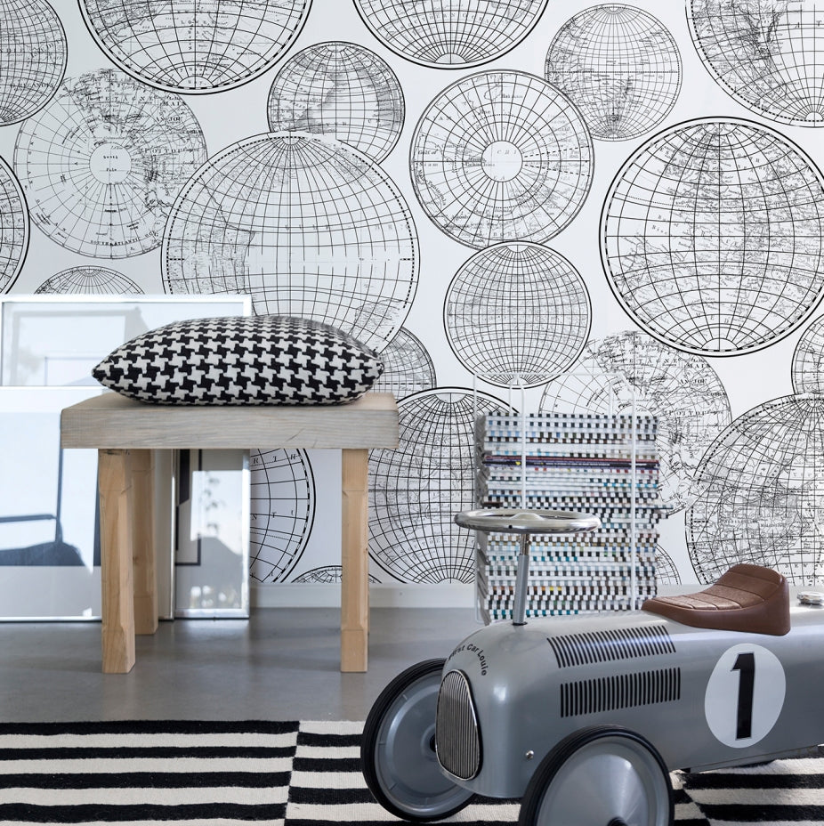 Globes Gathering Black&White Mural Wallpaper (SqM)