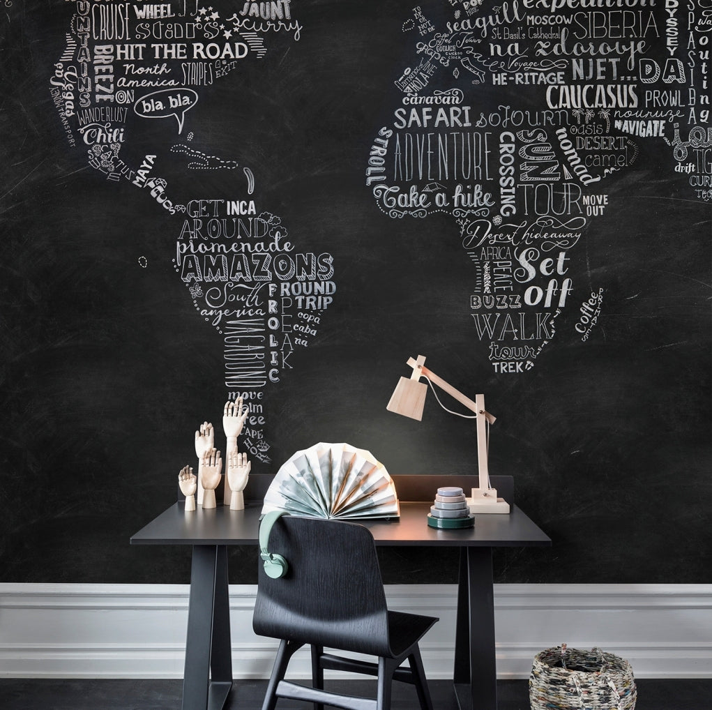 Chalkboard Wanderlust World Map Mural Wallpaper (SqM)