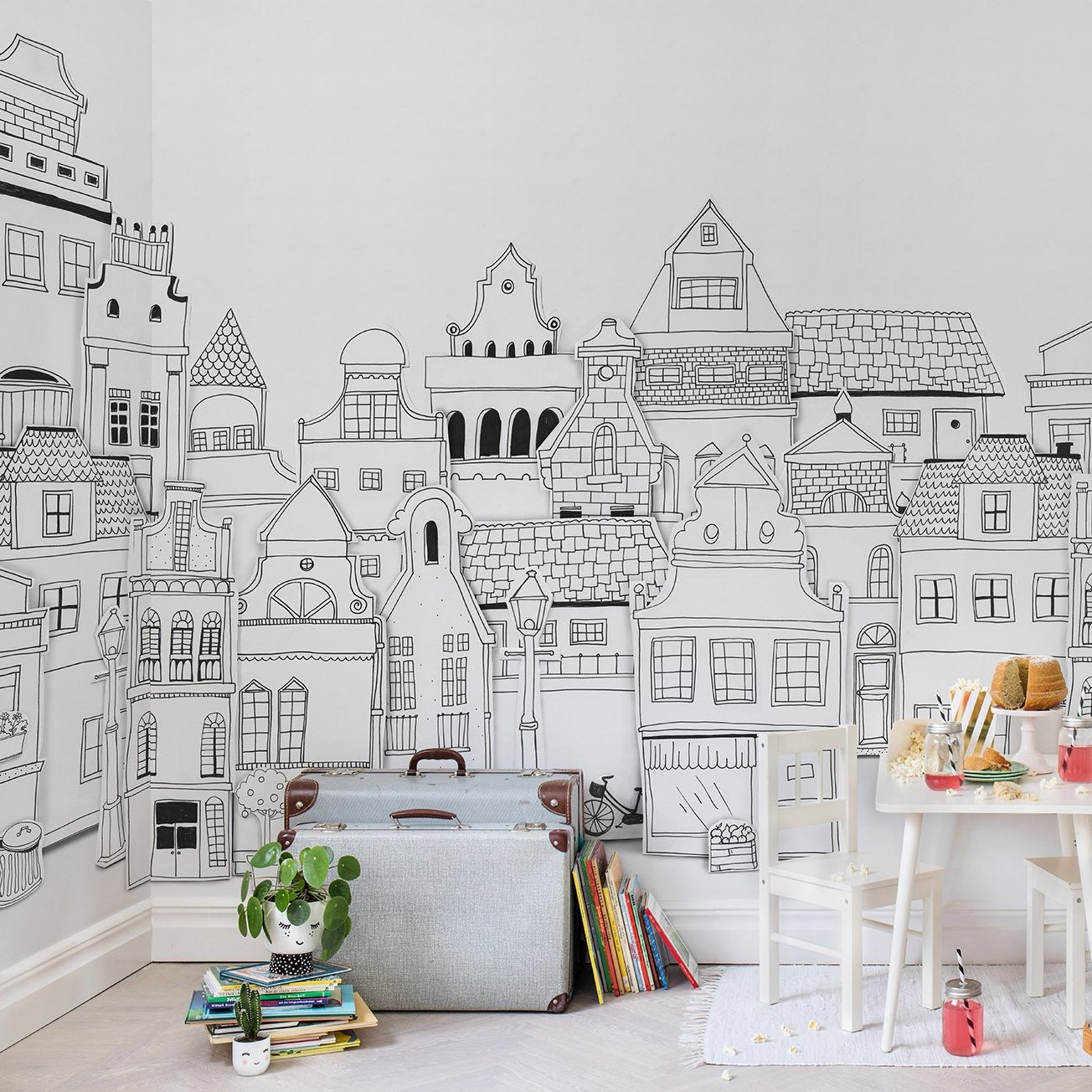 Outlined London Houses Mural Wallpaper (SqM)