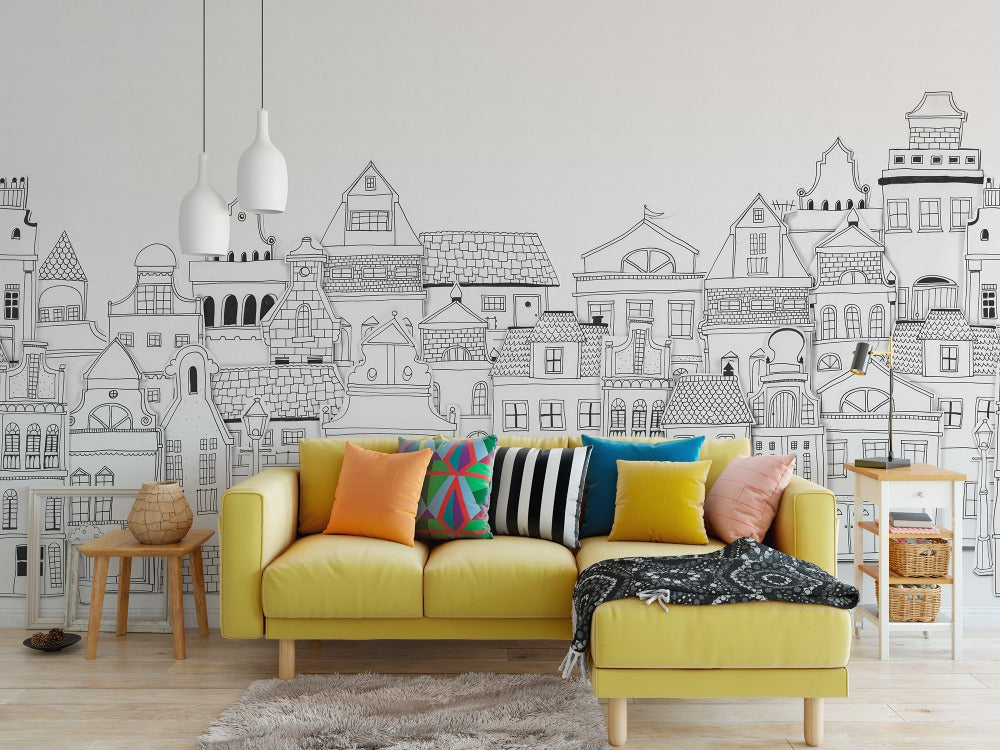 Outlined London Houses Mural Wallpaper (SqM)